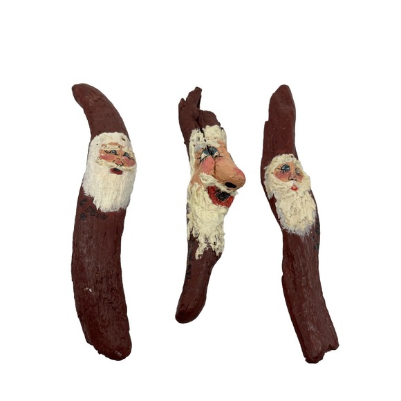 Homemade Other - 3 Hand Painted Santa Claus on bark Artist Signed C. Dyson 1990s Red Folk Art